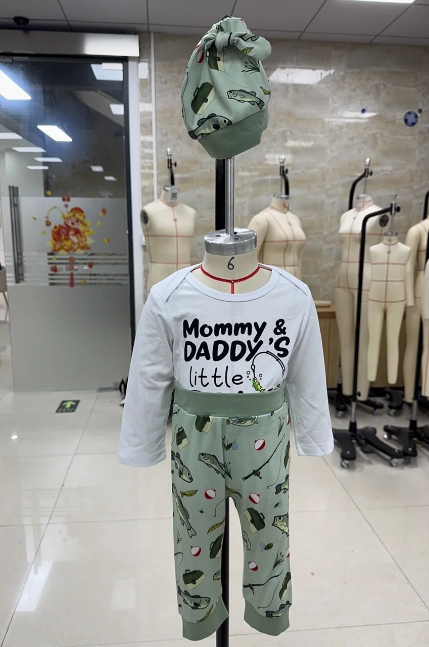 

Baby Clothing Boy Fall Autumn Letter Print Long Sleeve Romper Fish Pattern Long Pants and Hat 3Pcs Outfit
