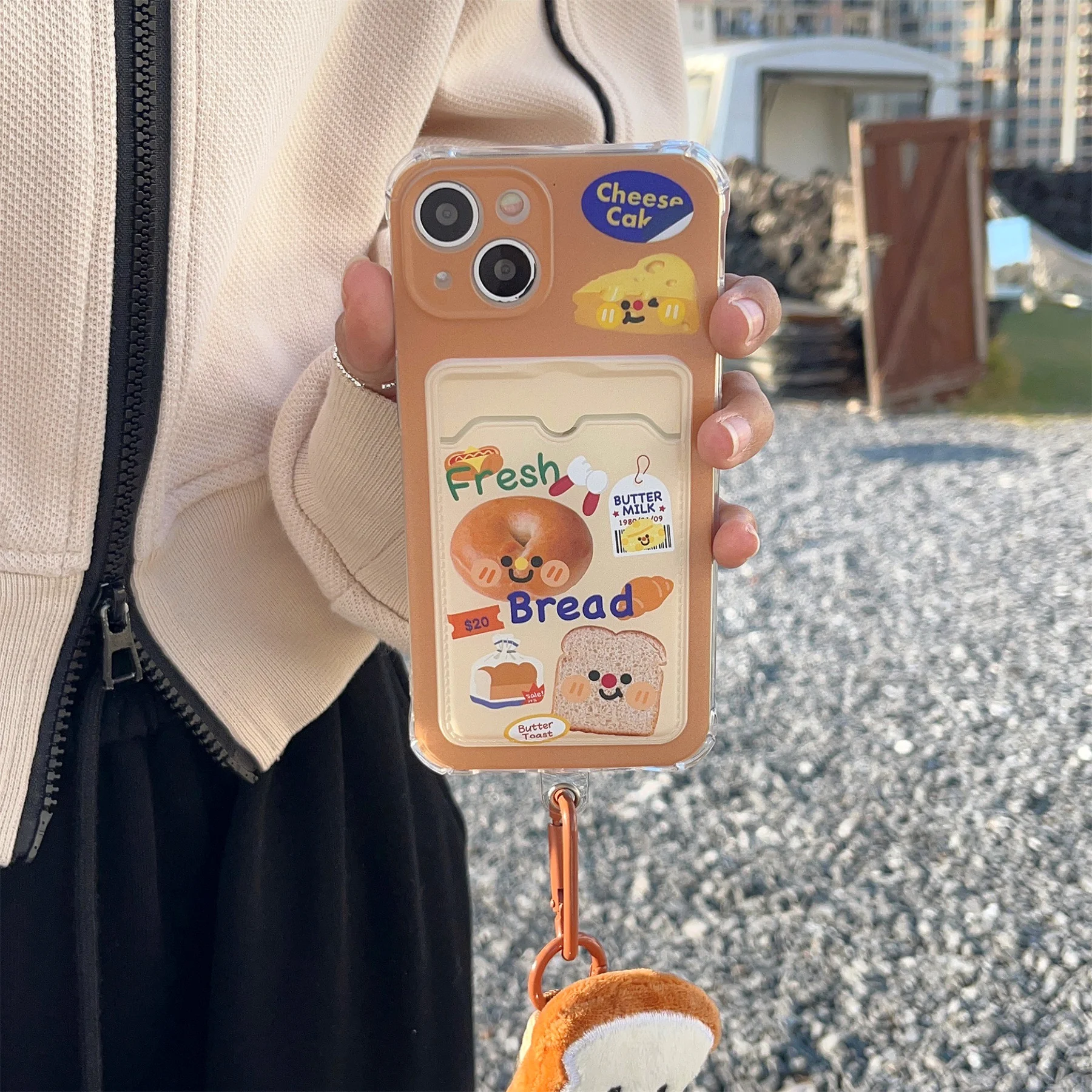 

Ins Korean Kawaii Cartoon Funny Expression Bread Card Holder Plush Toast Handheld Rope Case for iPhone 15 14 13 12 Pro Max Cover