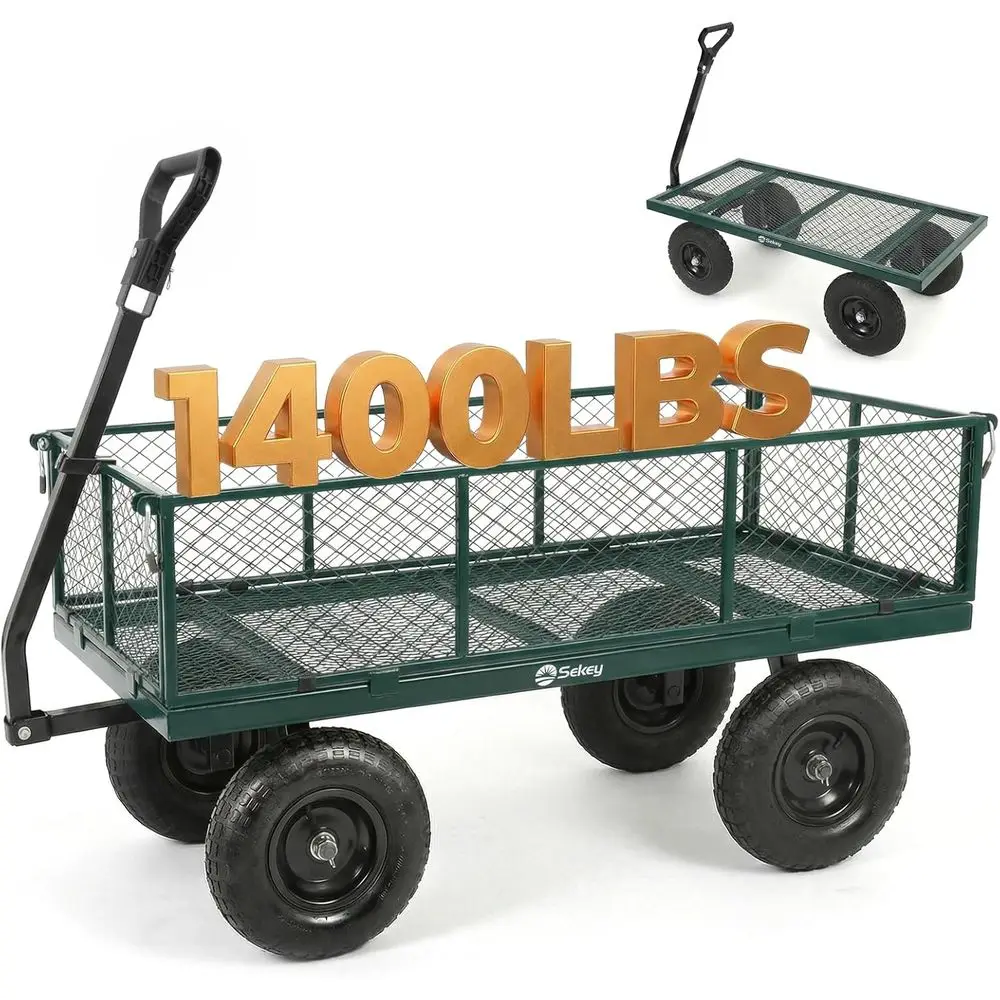 

Heavy-Duty 1400lbs Steel Garden Cart, 7.7 Cu.ft. Large Utility Wagon with Removable Sides, 2-in-1 Tow Handle, 13 Tires, Green