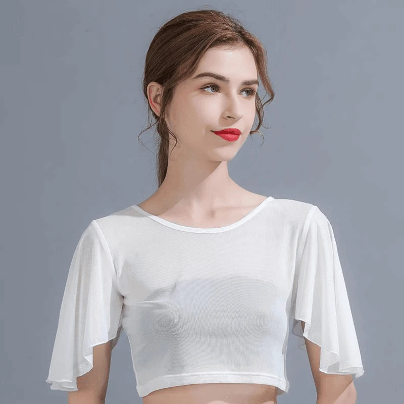 New Ultra Thin Gauze T-shirt Round Neck Crop Short-sleeved Slim Blouse Blouse Can Take Dance Running Clothing Fitness T-shirt