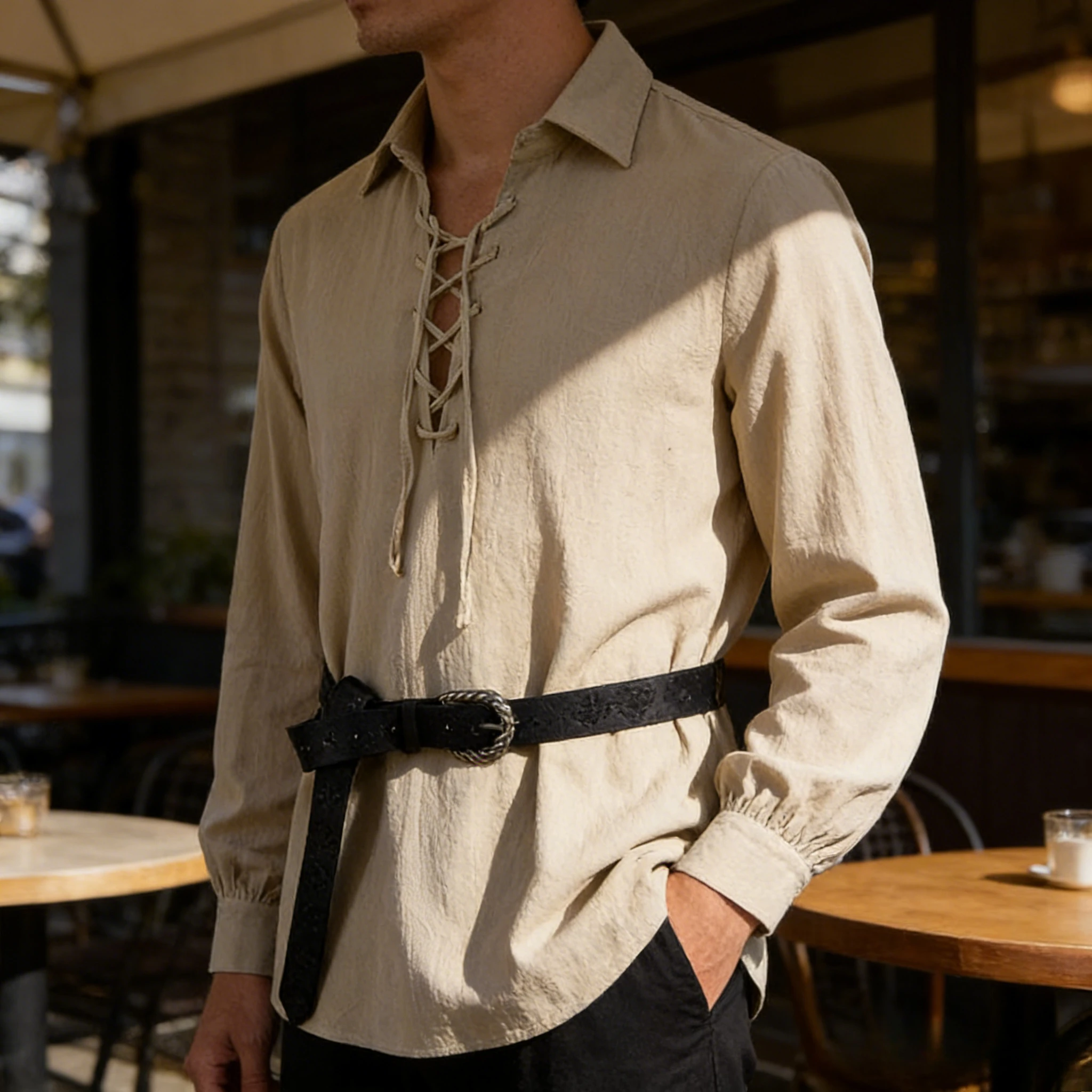 

Spring Summer New European Size Mens Fashion Trendy Drawstring Collar Long Sleeve Hippie Casual Shirt Streetwear Stylish Top