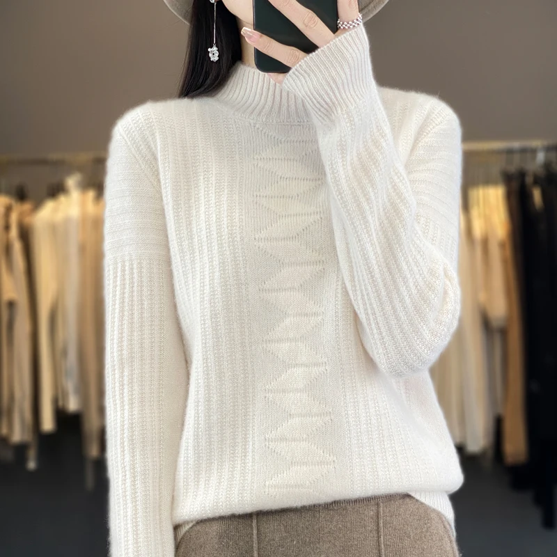 2023 Autumn And Winter New Sweater Women's Half High Collar Long Sleeve Pullover 100% Pure Wool Loose Jacquard Thickened Sweater