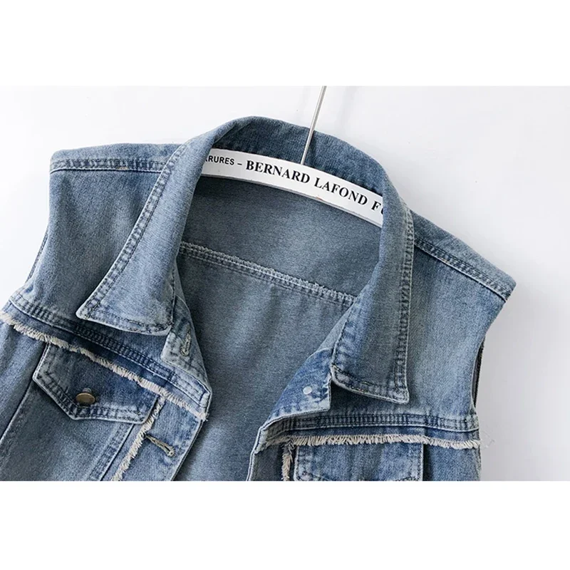 

Vintage Blue Frayed Big Pocket Turndown Collar Denim Vest Women Waistcoat Cowboy Sleeveless Jacket Loose Short Jeans Vest Female