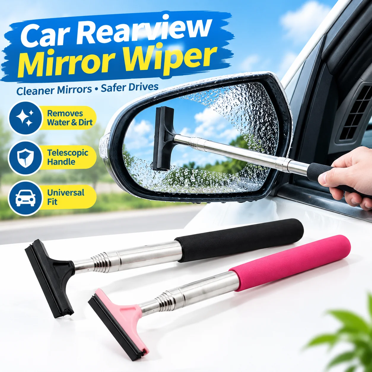 Car Rearview Mirror Wiper Telescopic Stainless Steel Glass Cleaner Scraper Universal Auto Window Cleaning Tool