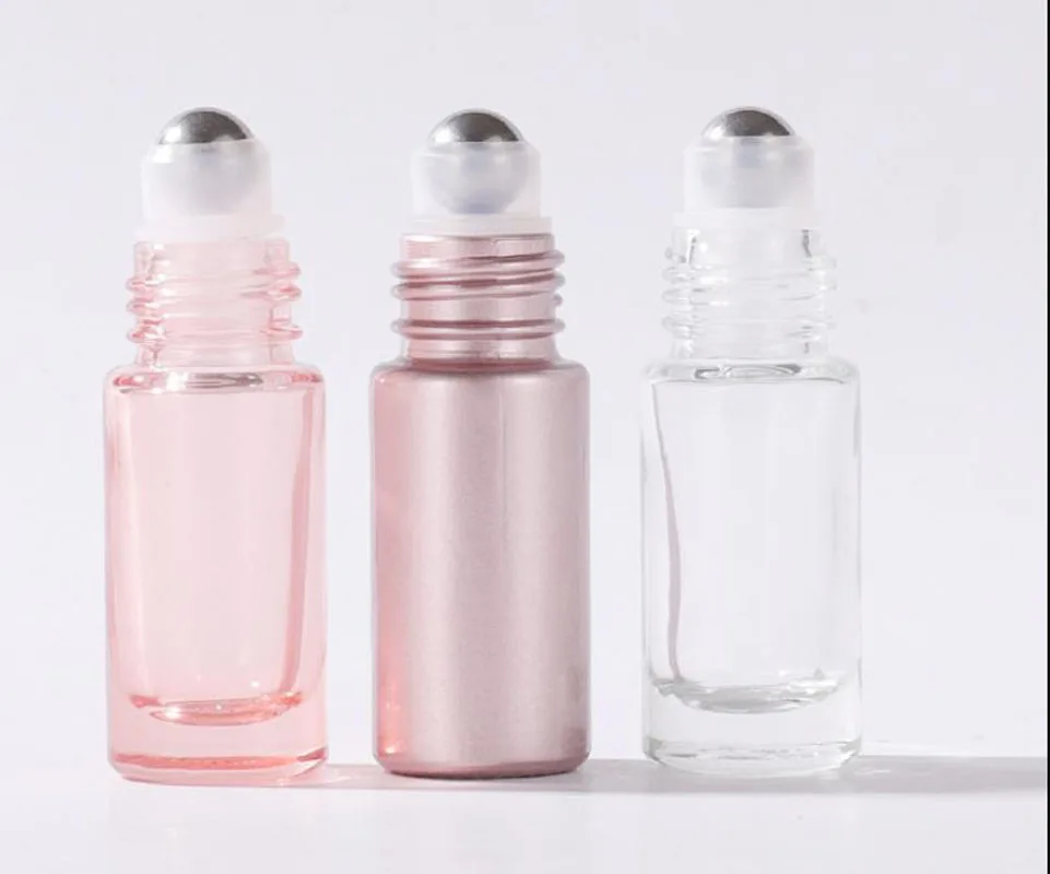12X 24X 5ML 10ML หนา CLEAR Rose Gold สีชมพูแก้วน้ํามันหอมระเหยม้วนบนขวดลูกกลิ้งโลหะสําหรับน้ําหอมน้ํามันหอมระเหย