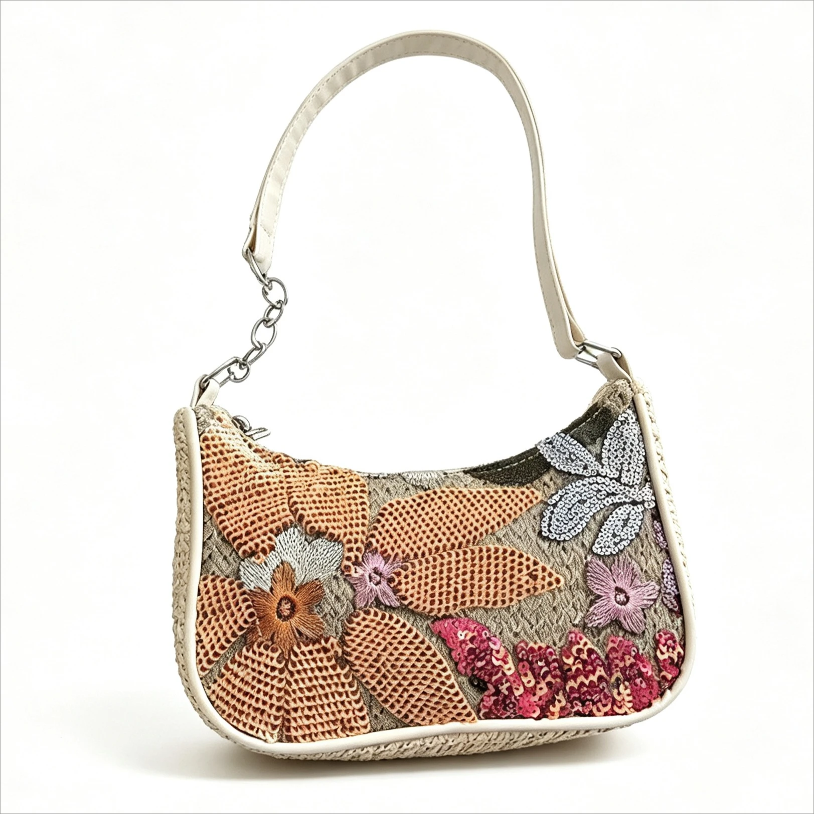 Purple Green Blue Orange Sequin Floral Embroidered Straw Woven Underarm Hobo Bag Flower Vintage Casual Shoulder Purse For Women