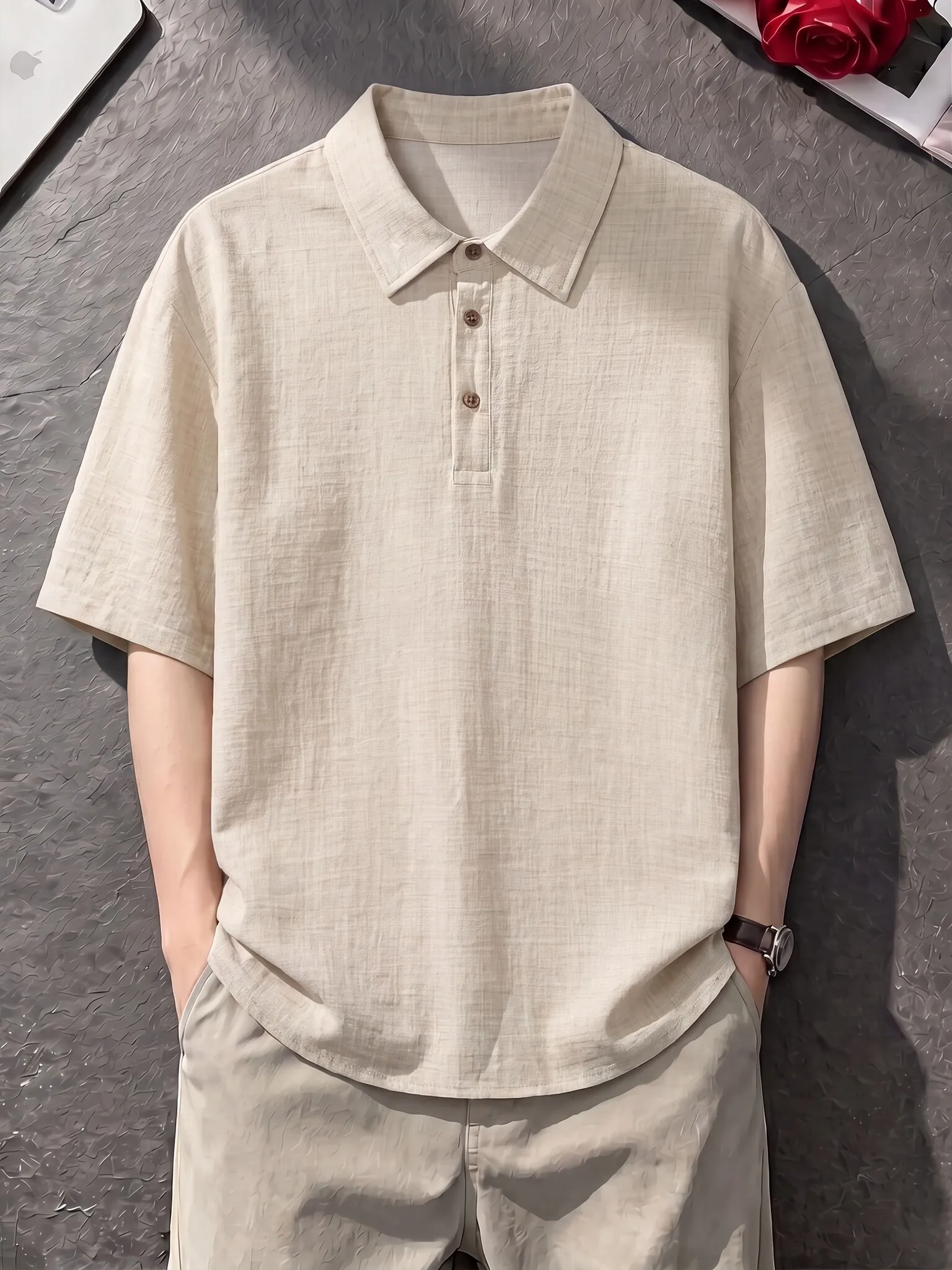 Lightweight Breathable Men's  Shirt Linen Simulation Short Sleeve Ice Silk Cool Feeling T-Shirt Casual Loose Fit Summer