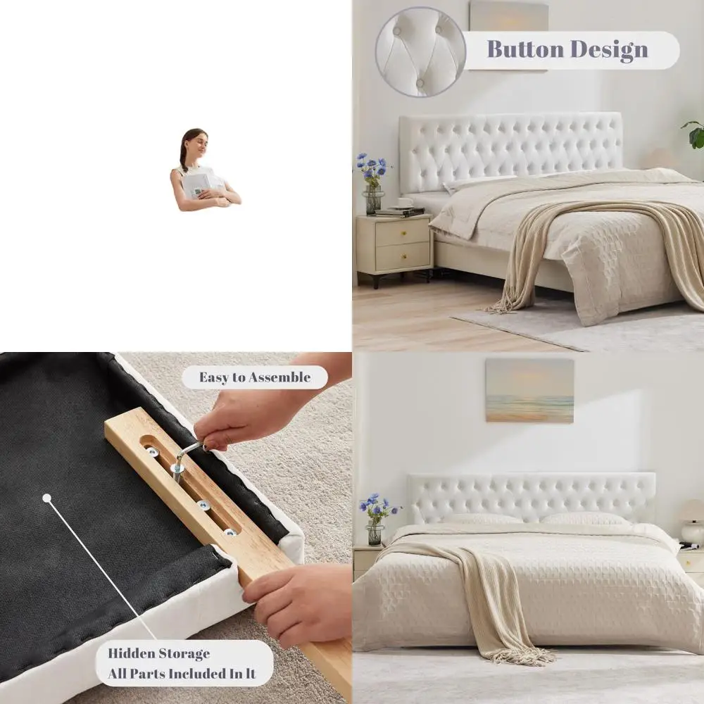 

Upholstered King Size Bed with Button Design, Adjustable Solid Wood Slats, Premium Velvet Padded Headboard in White for Bedroom