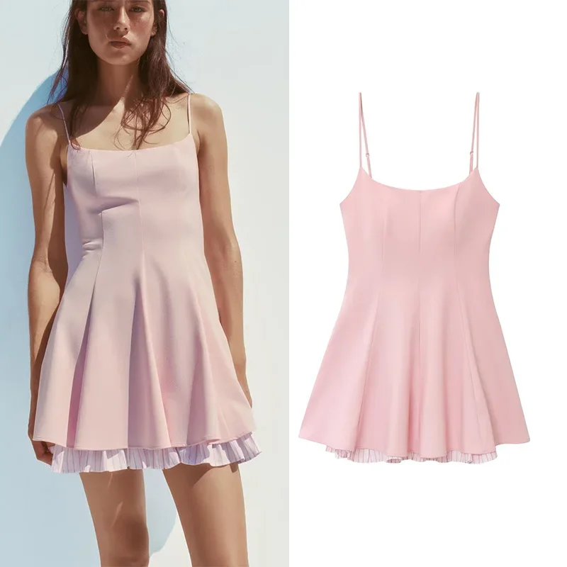 

2025 New Women's Patchwork Dress Women's Summer Backless Women's Pleated Skirt Thin Shoulder Strap Chic Dress