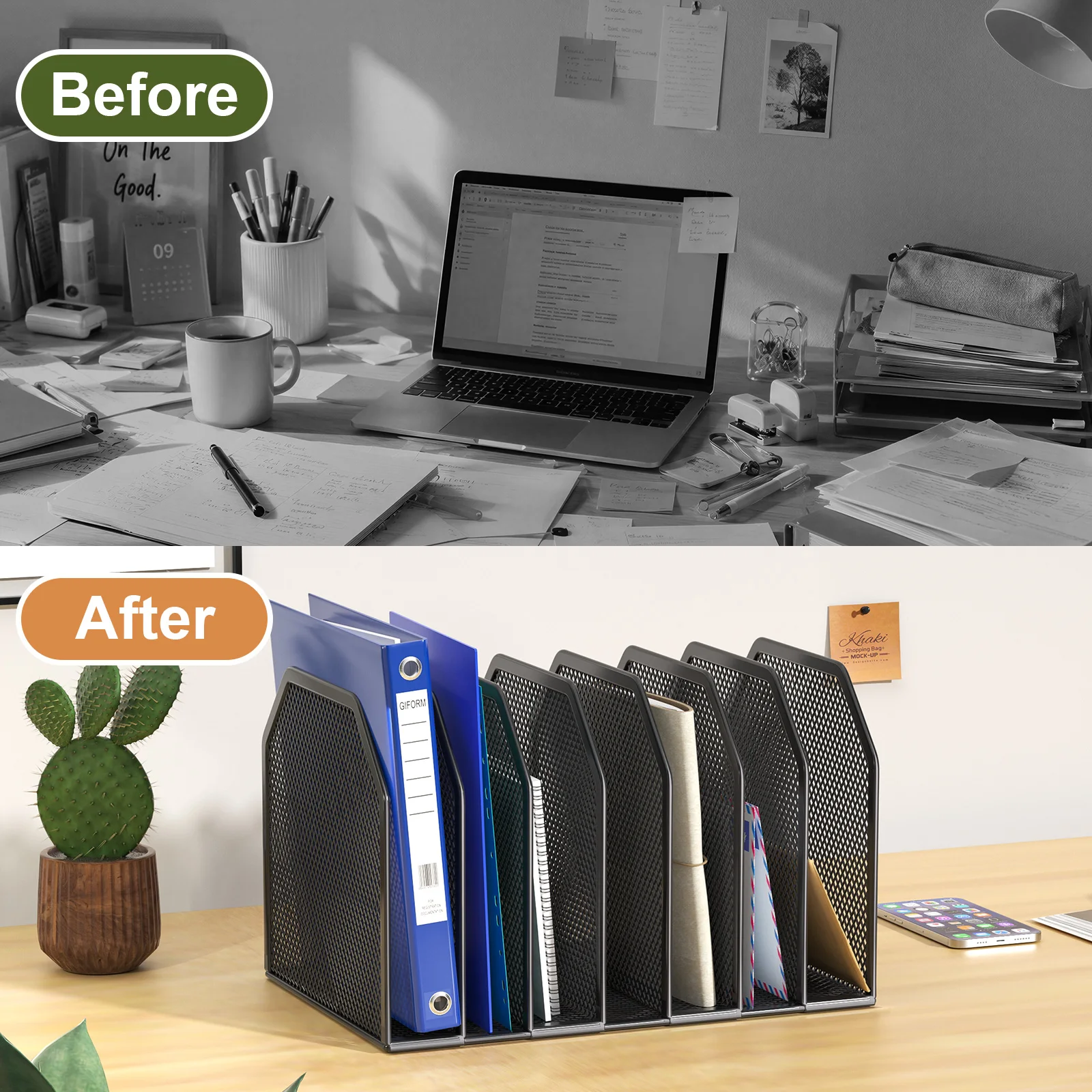 Adjustable Multi‑Compartment Mesh Desk File Sorter Vertical Document Folder Holder Desktop Storage Rack for Home Office School