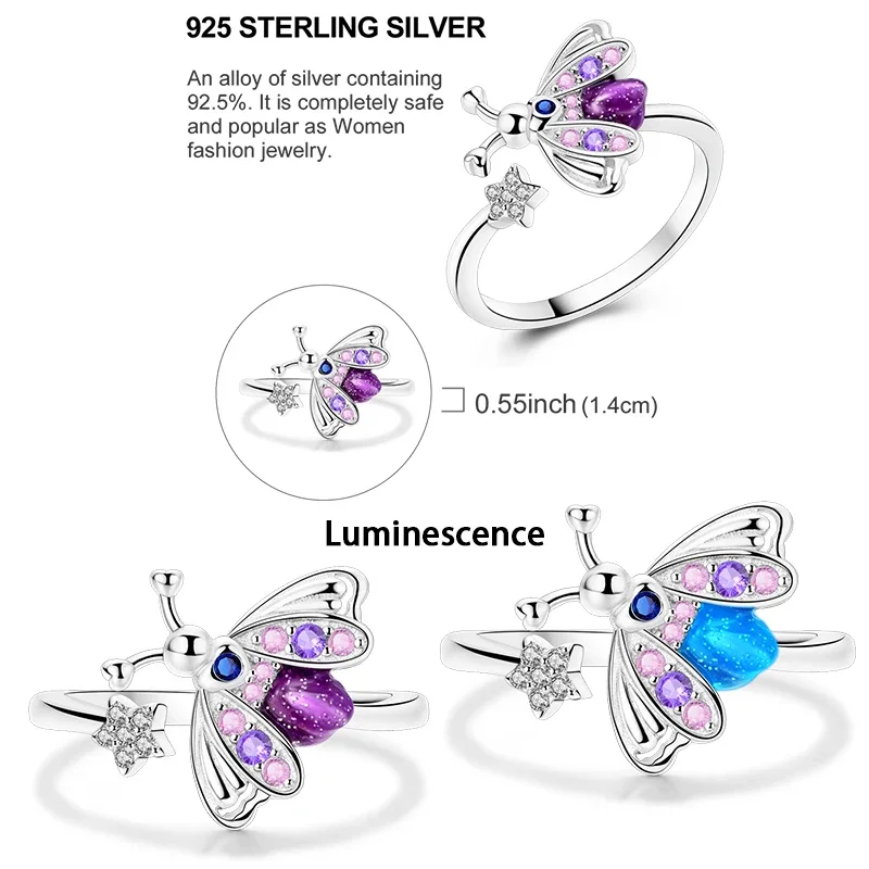 925 Sterling Silver Rotating Windmill Cherry Blossom Ring Can Glow Change Color Firefly Chameleon Ring for Women Wedding Jewelry
