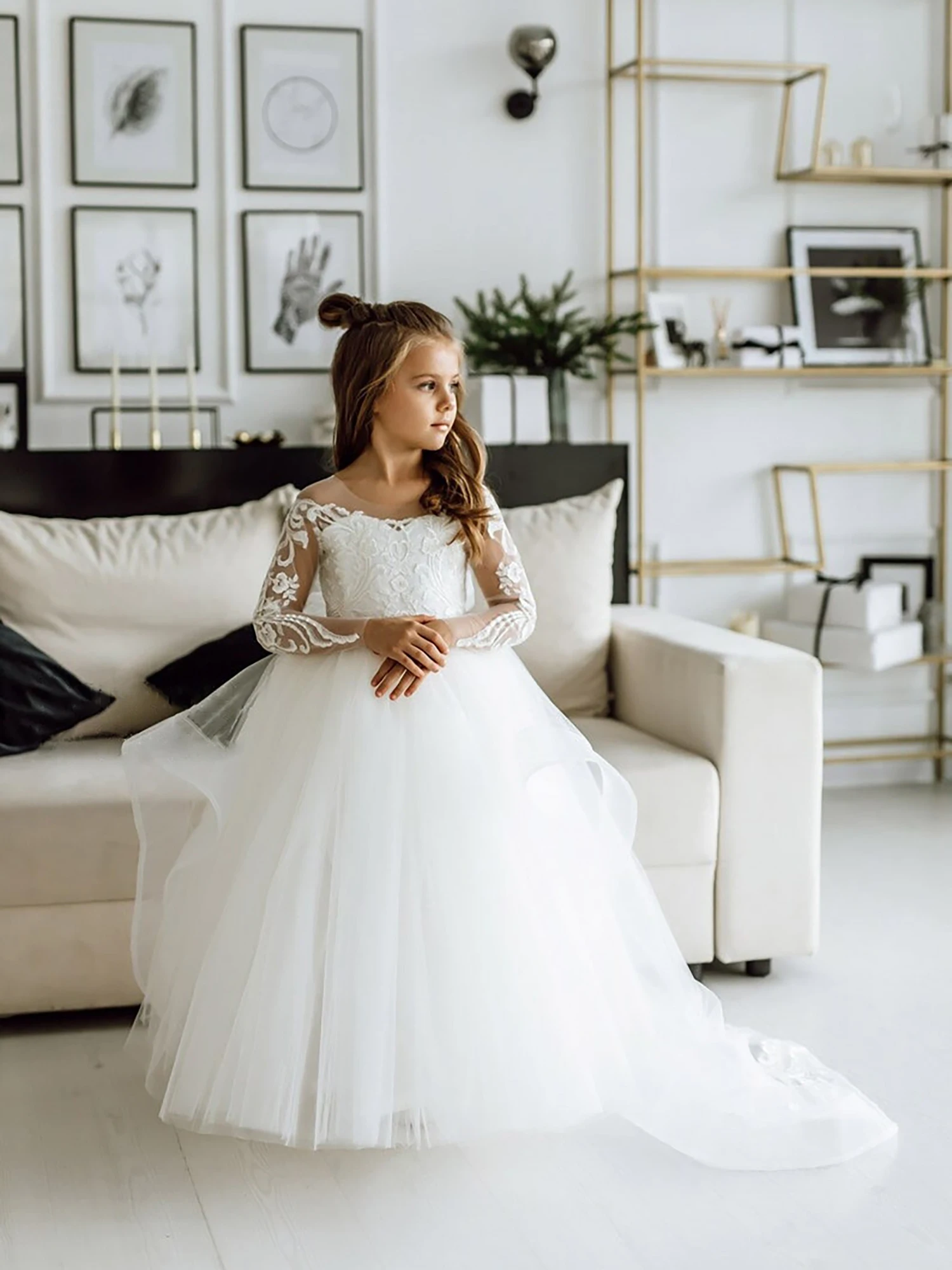 BABYONLINE Holy White CVommunion Dress Long Sleeve Lace and Floral on Bodice Top Sequins Tulle-Skirt Flowy A-line Gormal Gown