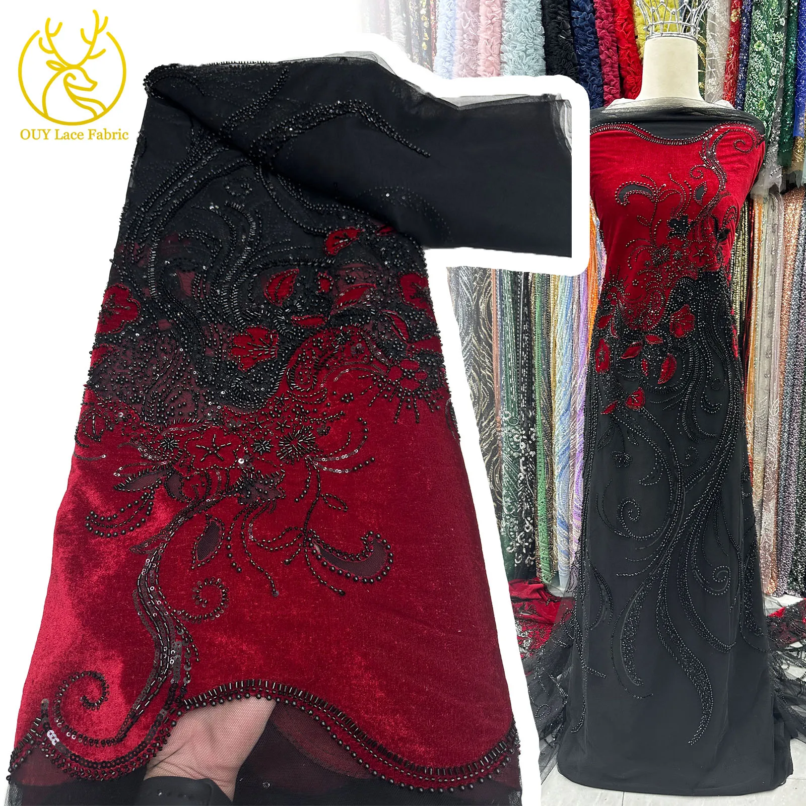 

Newest High-grade Velvet African Beaded Lace Fabric 2025 High Quality French Sequins Groom Embroidery Tulle Wedding Lace Fabrics