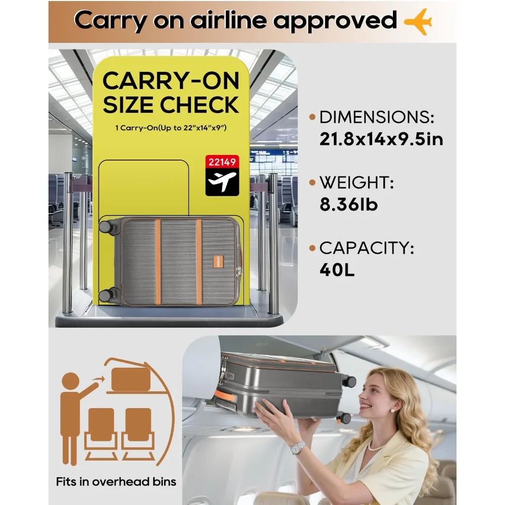Equipaje de mano de carcasa dura de 20 pulgadas aprobado por aerolínea con bolsillo frontal y portavasos, maleta de viaje para una fácil movilidad