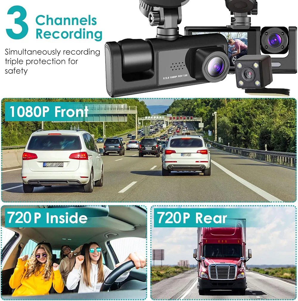 Dash Cam for Cars 1080P Car DVR 3 Channel Front Camera Video Recorder Rear View Camera for Vehicle Black Box Car Assecories