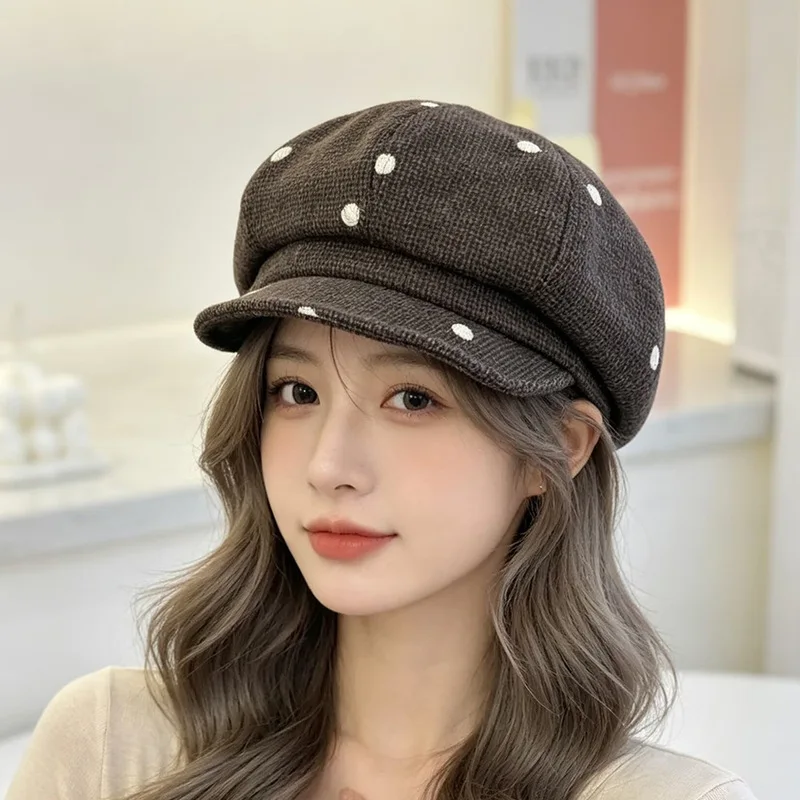 Women Vintage Wool Blend Baker Boy Beret Hat Soft Short Brim Octagonal Newsboy Cap Autumn Winter Warm Tweed Uniform Themed Event