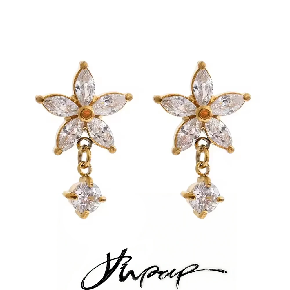 Yhpup Shiny Fantasy Cubic Zirconia Flower Stud Earrings High Quality Stainless Steel Delicate Party Gala Wear Premium Jewelry