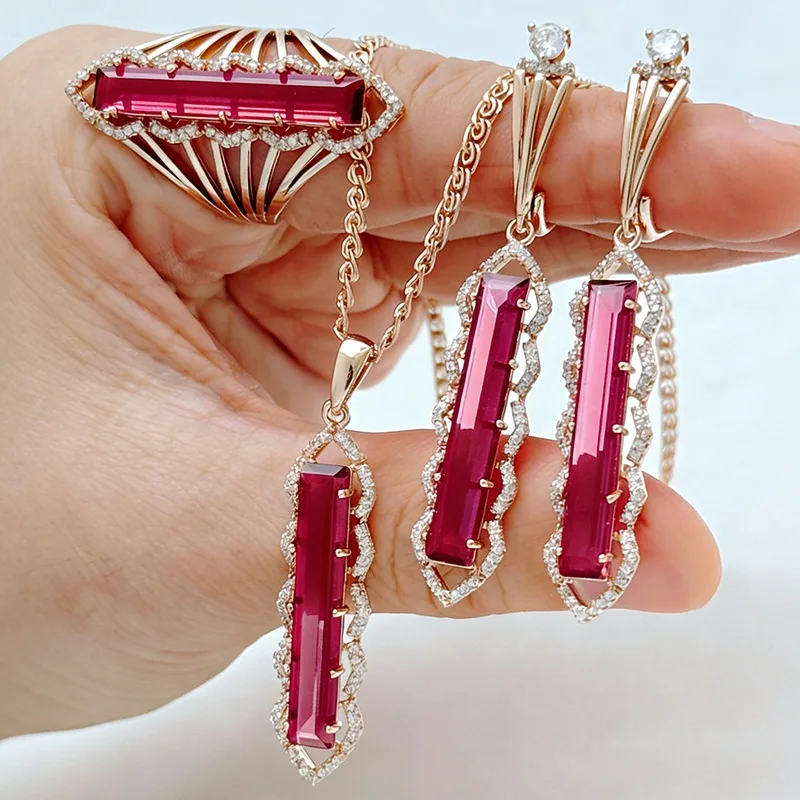 

Kinel Shiny Long Square Red Natural Zircon Ring Earrings Necklace for Women Fashion 585 Rose Gold Color Wedding Jewelry Sets