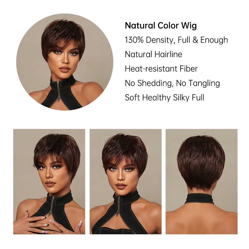 Pixie Cut Brown Blend parrucche sintetiche per capelli umani parrucca per capelli Bob a strati naturali corti e soffici con frangia parrucca da donna resistente al calore