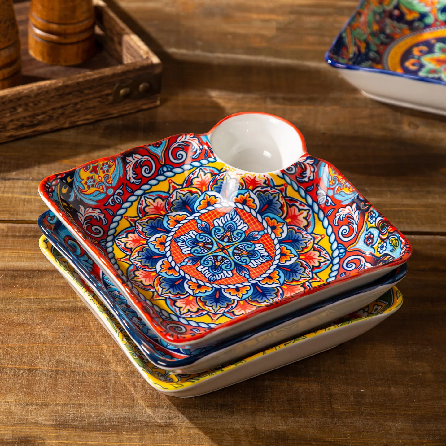 Retro Ceramic Dumpling Plate with Vinegar Dish Square Breakfast Compartmentalized Plate Dumpling-Specific Plate