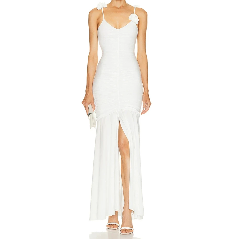 Biała kwiatowa spódnica na ramiączkach z lodowego jedwabiu, europejsko-amerykańska sukienka damska, długa, francuska, wyszczuplająca, podkreślająca biodra - GZXX369