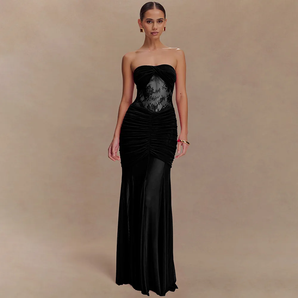 

Elegant Strapless Lace Patchwork Black Long Evening Prom Dress Women Solid Sexy Backless Sheer Party Bodycon Vestidos 2025