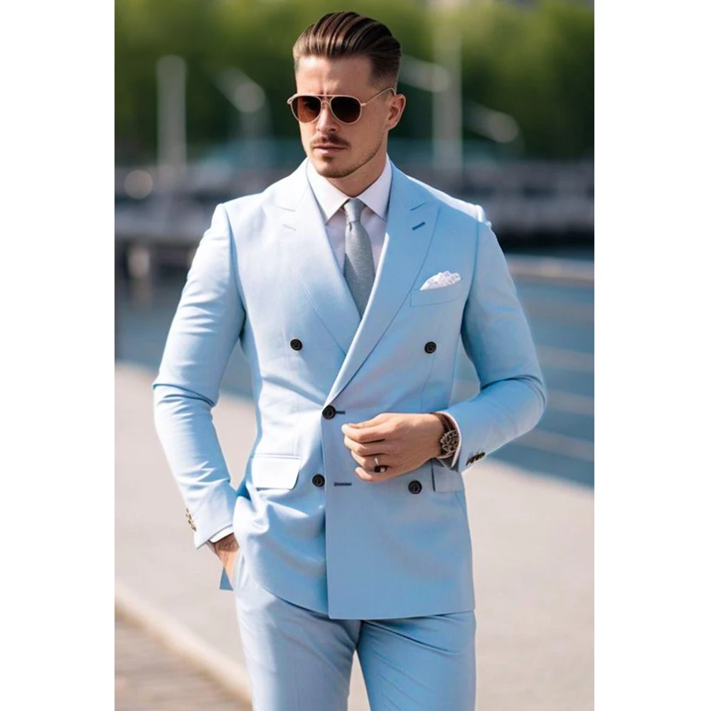 Sky Blue Men\'s Suits Double Breasted Notch Lapel 2 Piece Jacket Pants Costume Homme Formal Wedding Business Slim Fit Blazer Set