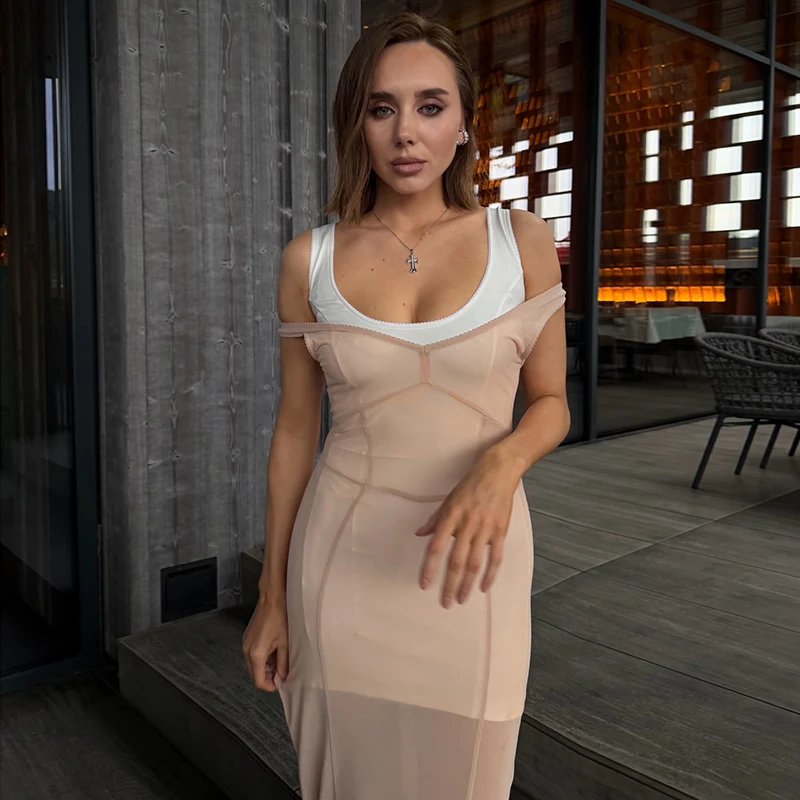 Sheer Mesh Overlay Spaghetti Strap Midi Dress Waist Cinched Sleeveless 2026 Summer Women Accessories Trendy Classy Lady Outfits