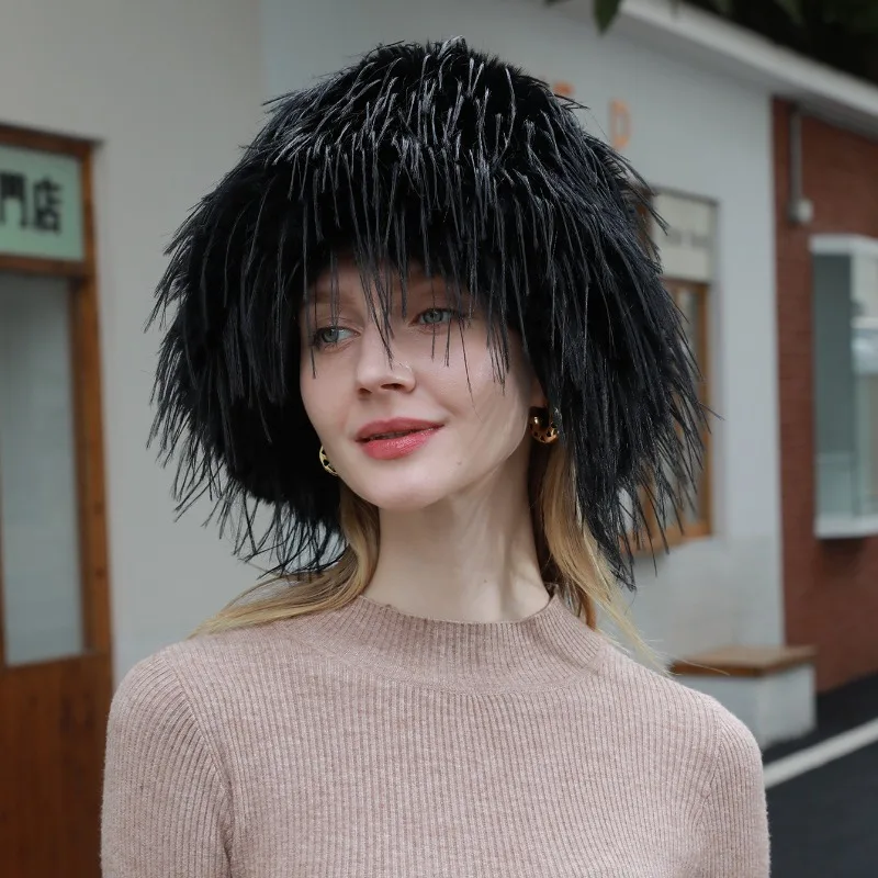 Imitation Ostrich Fur Bucket Hat Women White Tassel Cool Exaggerated Fisherman Hat Winter Fur Warm Personalized Plush Fluffy Hat