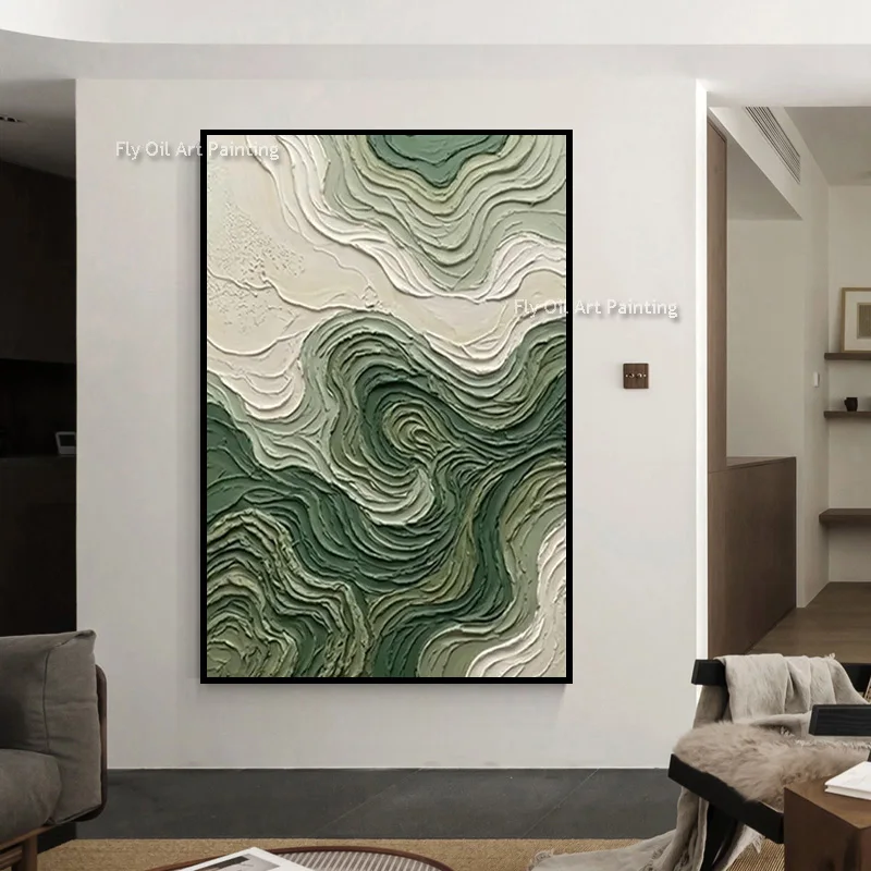 Handmade Thick Impasto Abstract Canvas, Mark Rothko Style, Hand‑Painted Green Wavy Oil Painting for Contemporary Wall Art