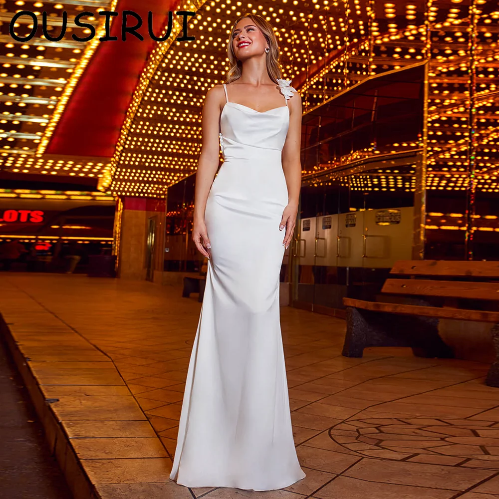 Simple Satin Solid Sheath Bridal Wedding Dress Backless Floor-Length Wedding Party Gown with Side Slit Vestido de novia