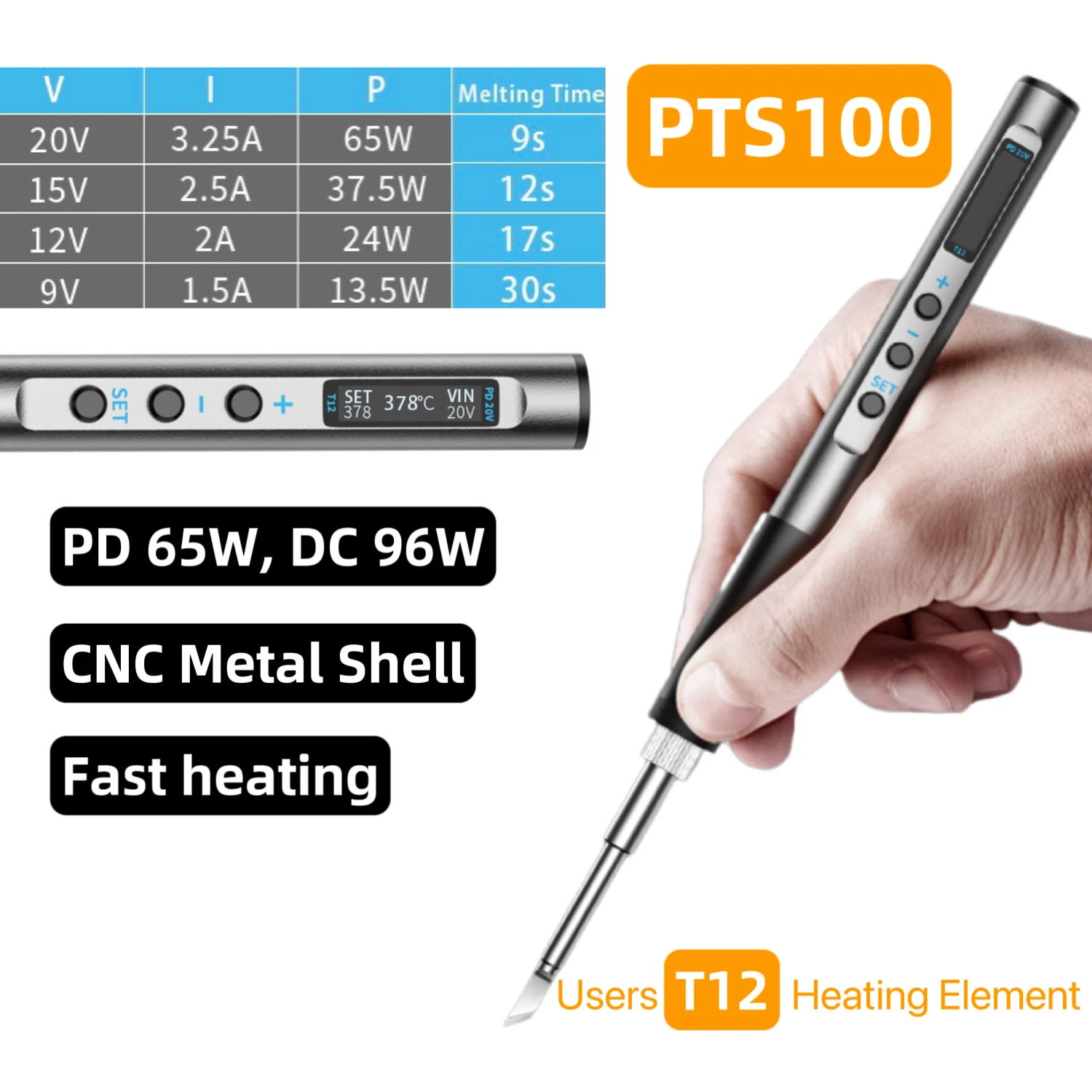 PTS100 T12 PD 5-20V 65W Portable Electric Soldering Iron CNC Metal Body Temperature Adjustable Solder Welding Station