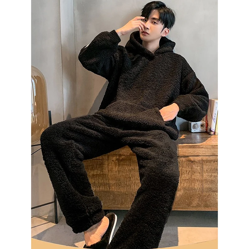 Hooded Pajamas for Men Fleece Winter Sleepwear Korean Sleeping Night Wear Solid Pijama 2 Pcs Pants Sets Warm Home Suit 2024 New