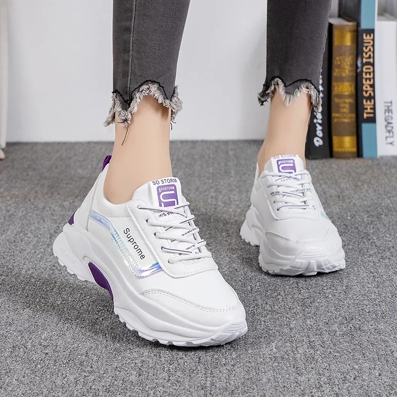 Platform Vulcanize Shoes Fashion Chunky Sneakers Woman Winter PU Lace Up High Heels Square Toe Shoes for Women Plus Size Zapatos