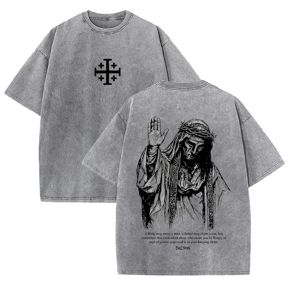 2026 Jesus mit Dornenkrone T-Shirt Vintage Washed Grey Grafik-T-Shirt Unisex Lässiges Religiöses Oberteil