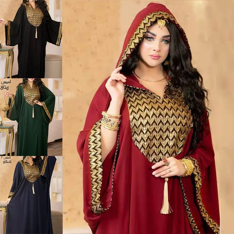 Abaya com capuz muçulmano para mulheres, Kaftan de malha, Vestidos de noite, Marrocos Caftan Abayas, Islam Robe, Africano, Dubai