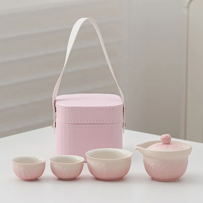 

Портативный дорожный чайный сервиз Pink Girl Lotus, сумка для хранения, один горшок, три чашки, быстрая чайная чашка, уличный чайный горшок для кемпинга
