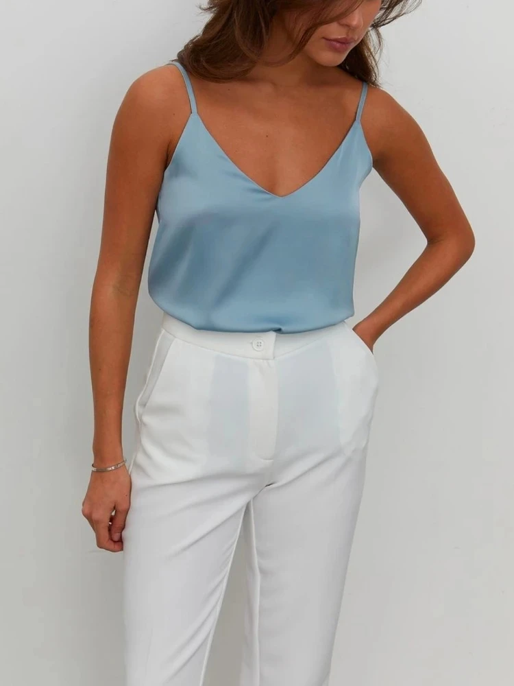 Spaghetti Strap Top Women Halter V Neck Basic White Cami Sleeveless Satin Silk Tank Tops Women Summer 2025 Camisole