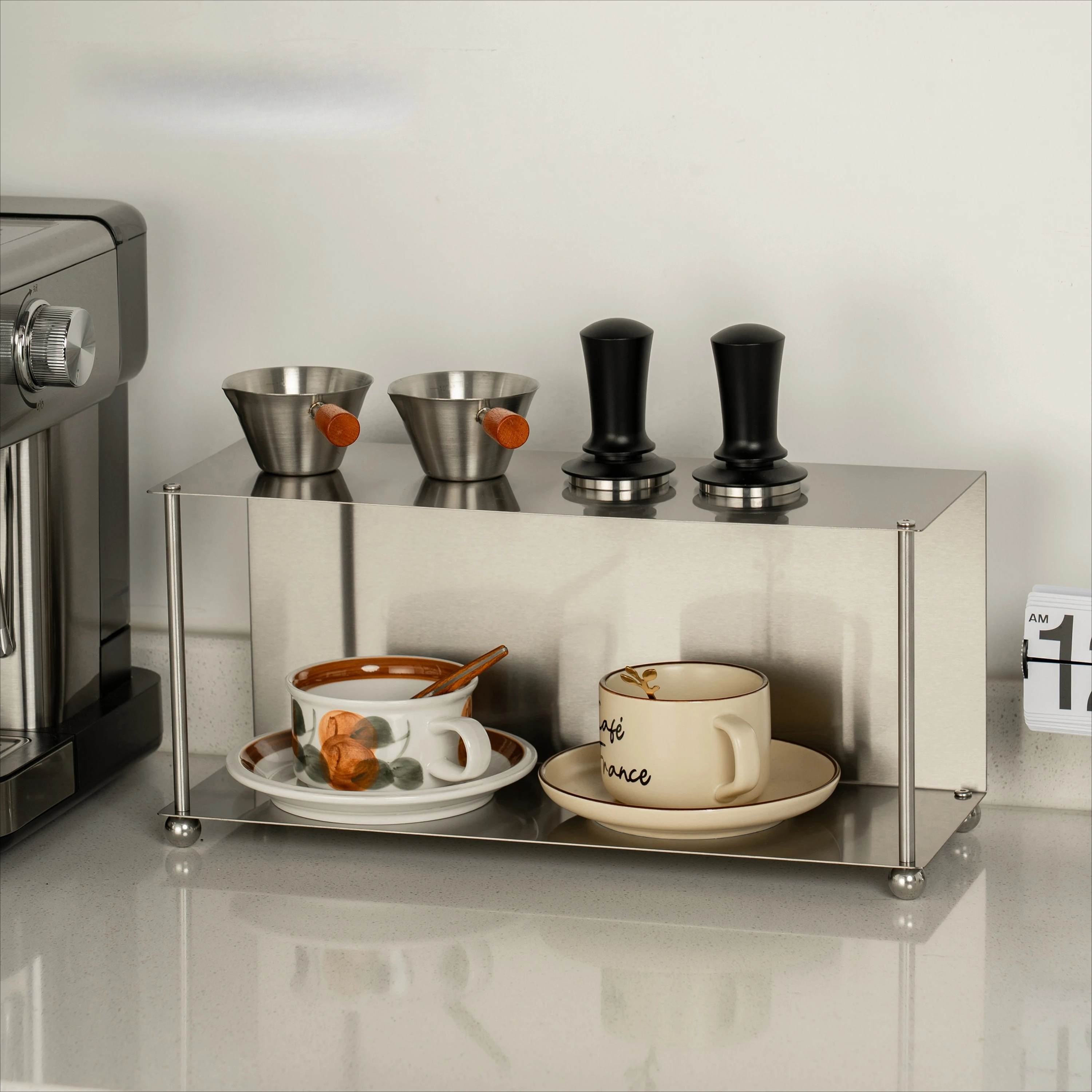 Premium Stainless Steel Double‑Decker Coffee Cup & Tea Tray Holder Rack, Countertop Kitchen Storage Organizer for Mugs and Cups.