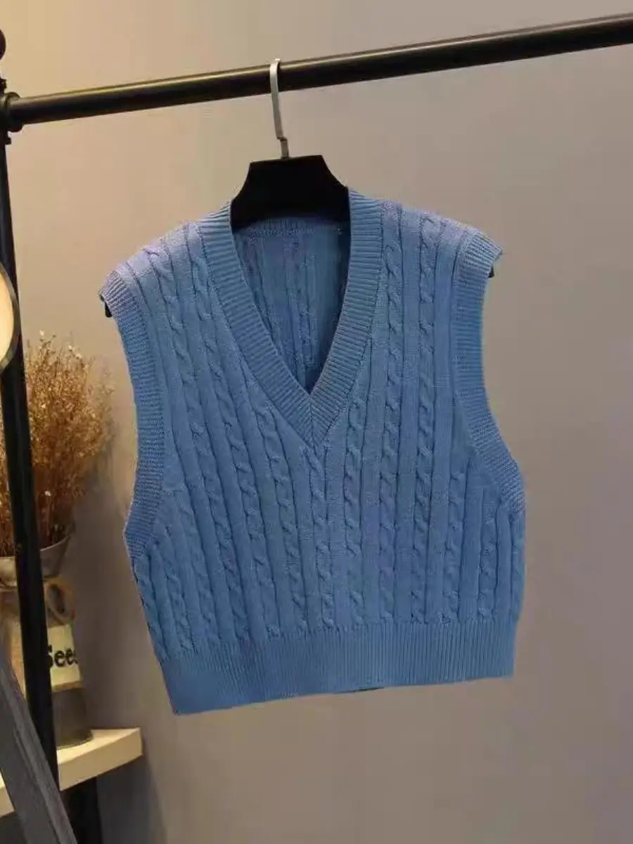 

Women's V-Ne Knitted Vest Svel Autumn Winter Outerwear Twist Pure Color Versatile Tank Top Silk Fabric Regular Thin