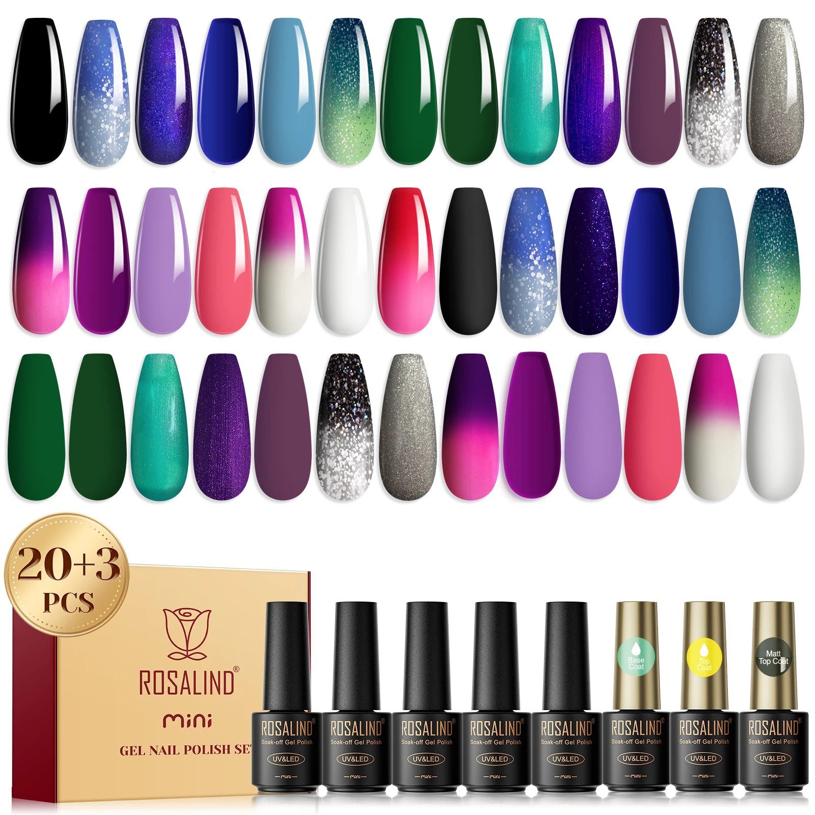 

ROSALIND Temperature Change Colors Gel Nail Polish Set Base Top Coat Soak Off Hybrid Semi Permanent 23pcs Gel Varnishes Nail Art