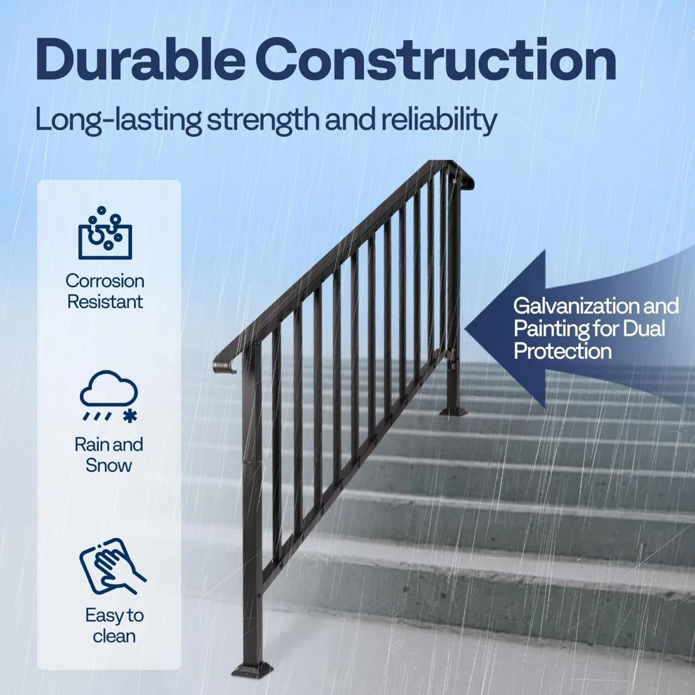 2-Pack Wrought Iron Hand Rails for Outdoor Steps – 67.6" Curved Ends and Safety Balusters Exterior Railing Kit for Porch, Deck,