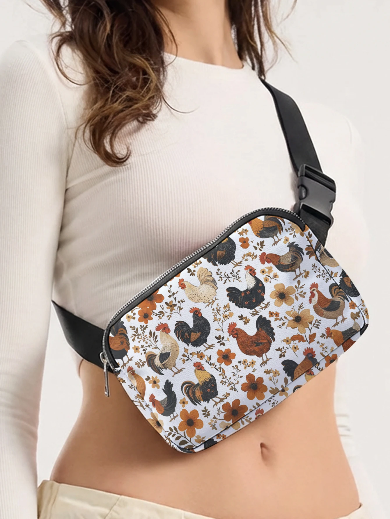 

Chicken Floral Print Fanny Pack Adjustable Crossbody Waist Bag Women Outdoor Travel Sport Chest Sling Bag