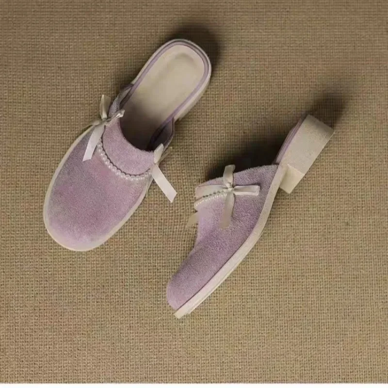 Lazy Slippers Baotou Pearl Bow Round Toe Deep Mouth Suede Slip-on Non-slip Temperament Low Heel Sandals