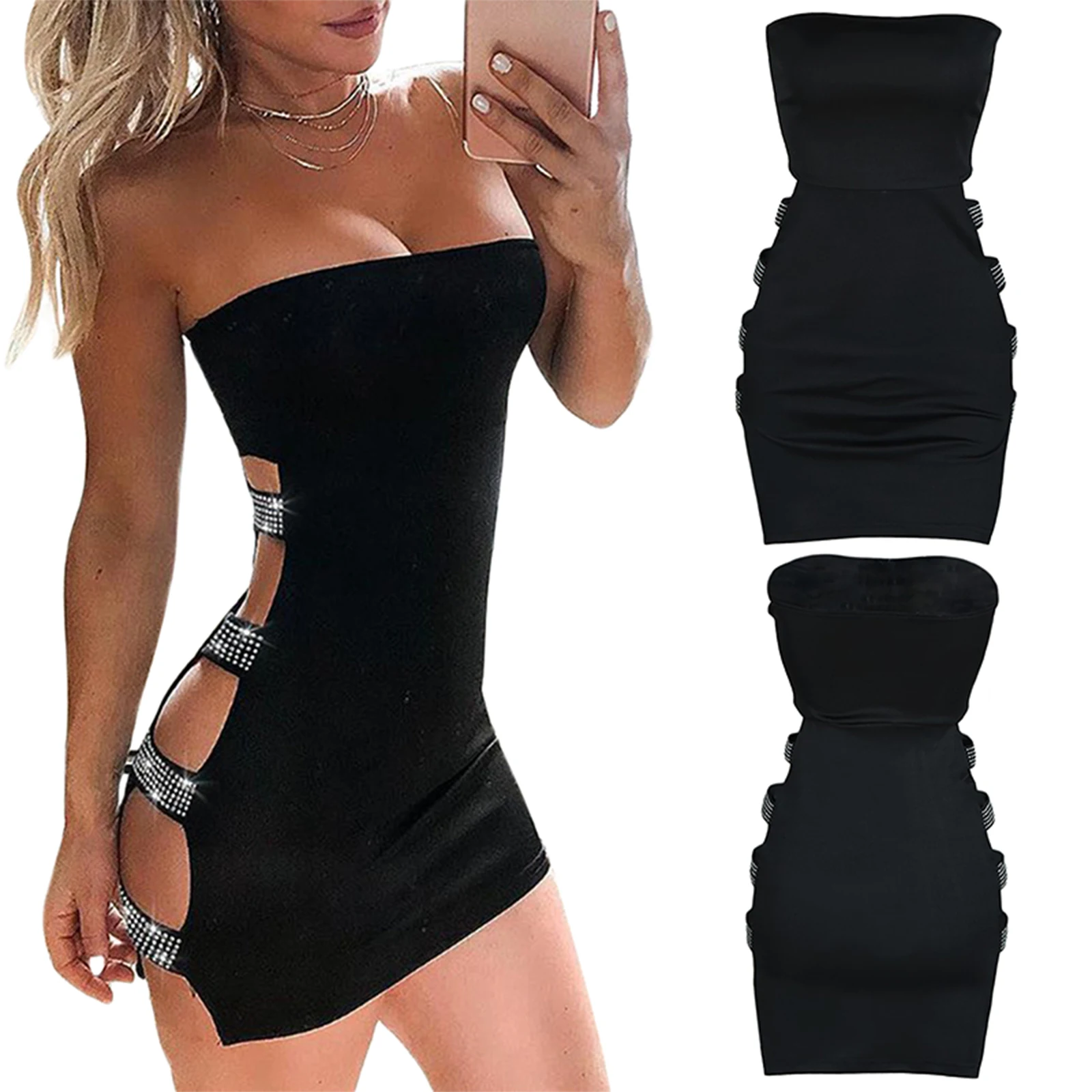 Dames Sexy Tube Tops Potlood Jurk Mode Effen Kleur Strass Holle Skinny Korte Jurk Streetwear