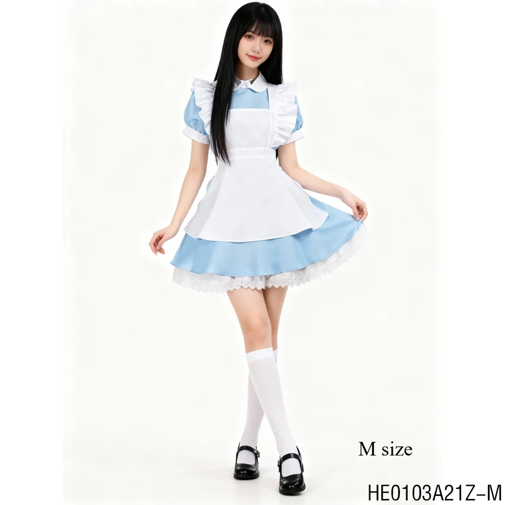 

PESENAR Light Blue Maid Cosplay Costume M Size - White Lace Sweet Lovely Style, Maid Party Outfit