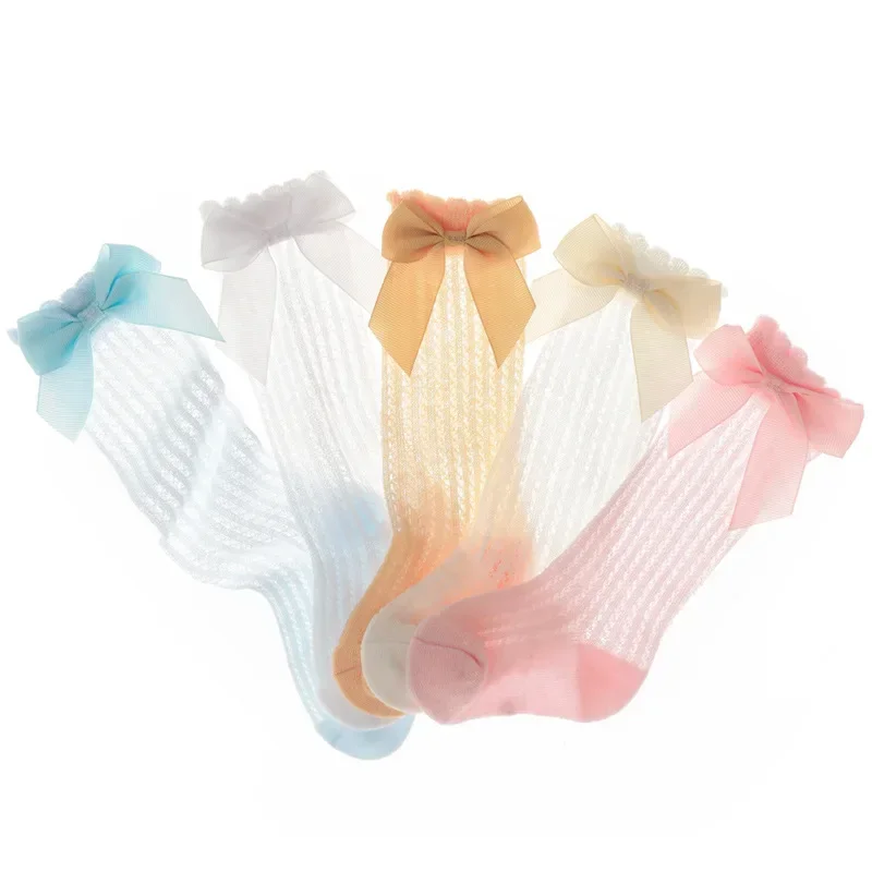 Thin Kids Knee High Socks Baby Girls Boys Bow Long Sock Soft Cotton Mesh Breathable Children Hollow Out Socken for 0-3 Years