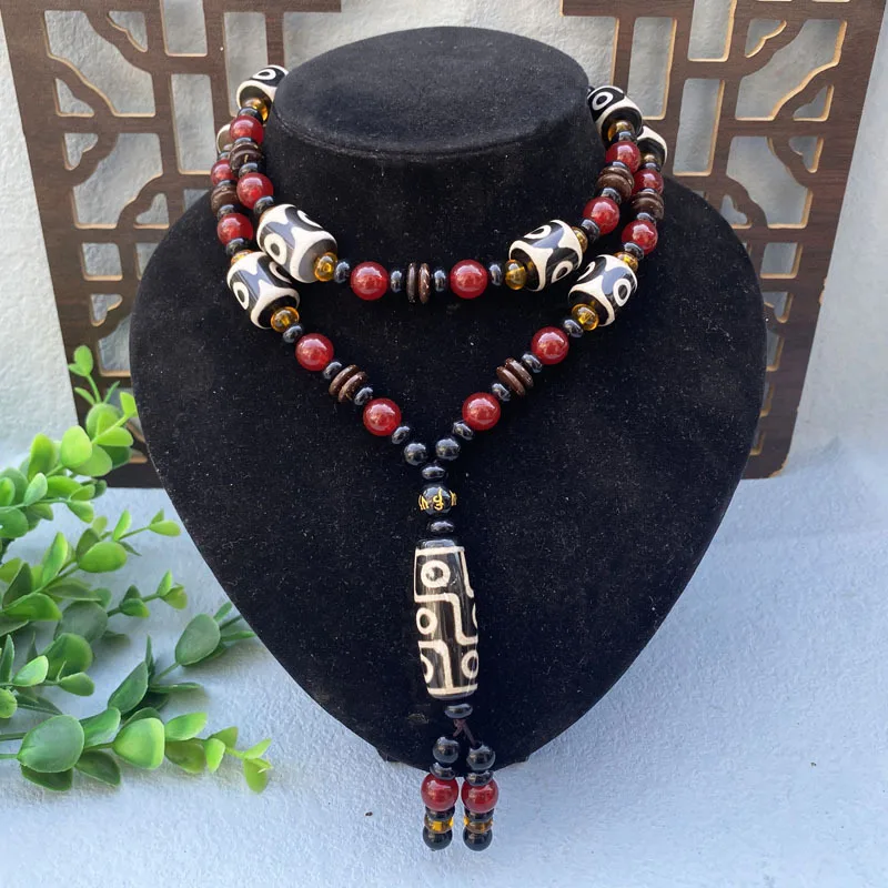 Agate nine- Dzi necklace, unisex sweater , three-eye barrel bead long chain pendant