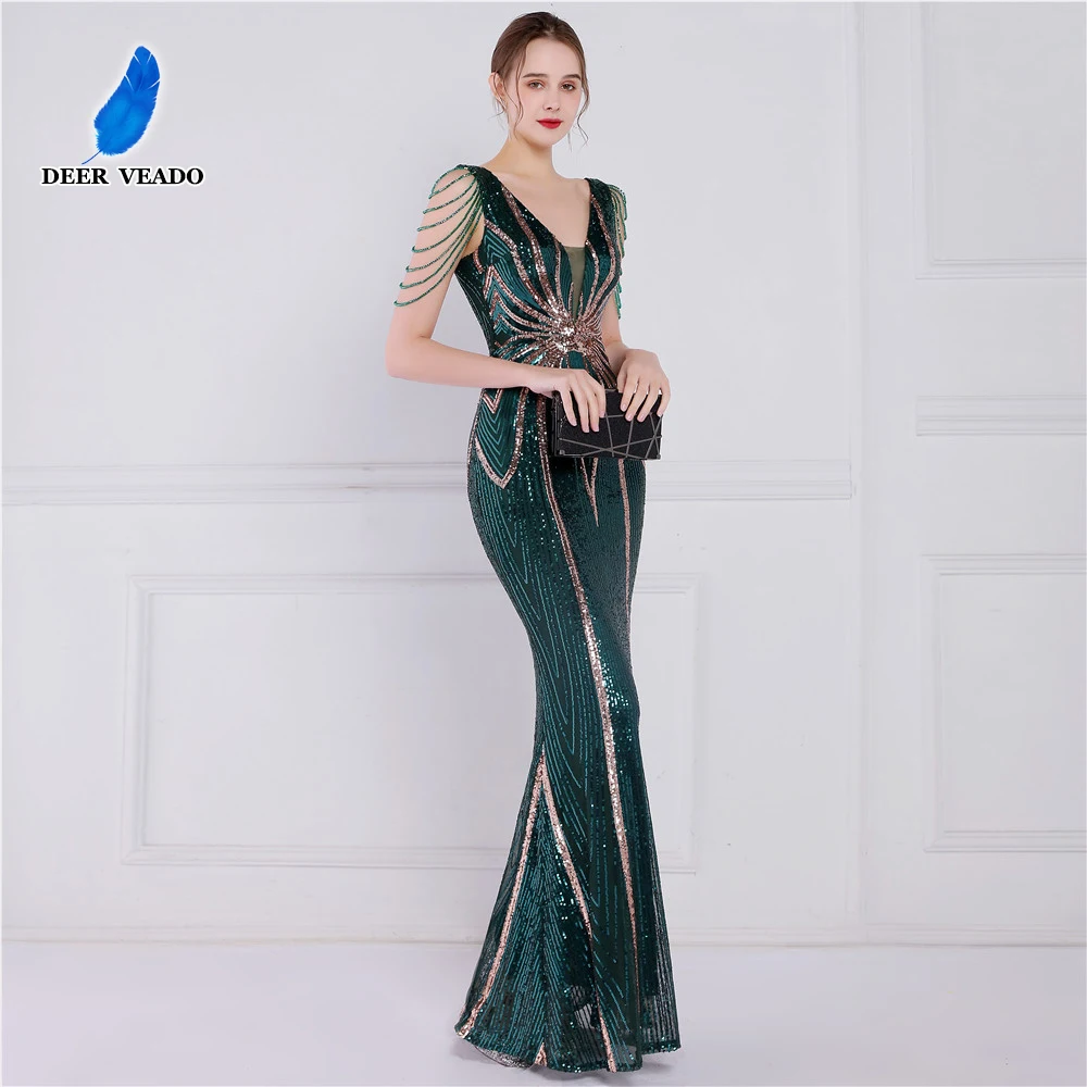 DEERVEADO Green Sequin Long Evening Dress 2024 Luxury Beading Formal Dress Women Elegant Evening Gown Chic Woman Maxi Dress