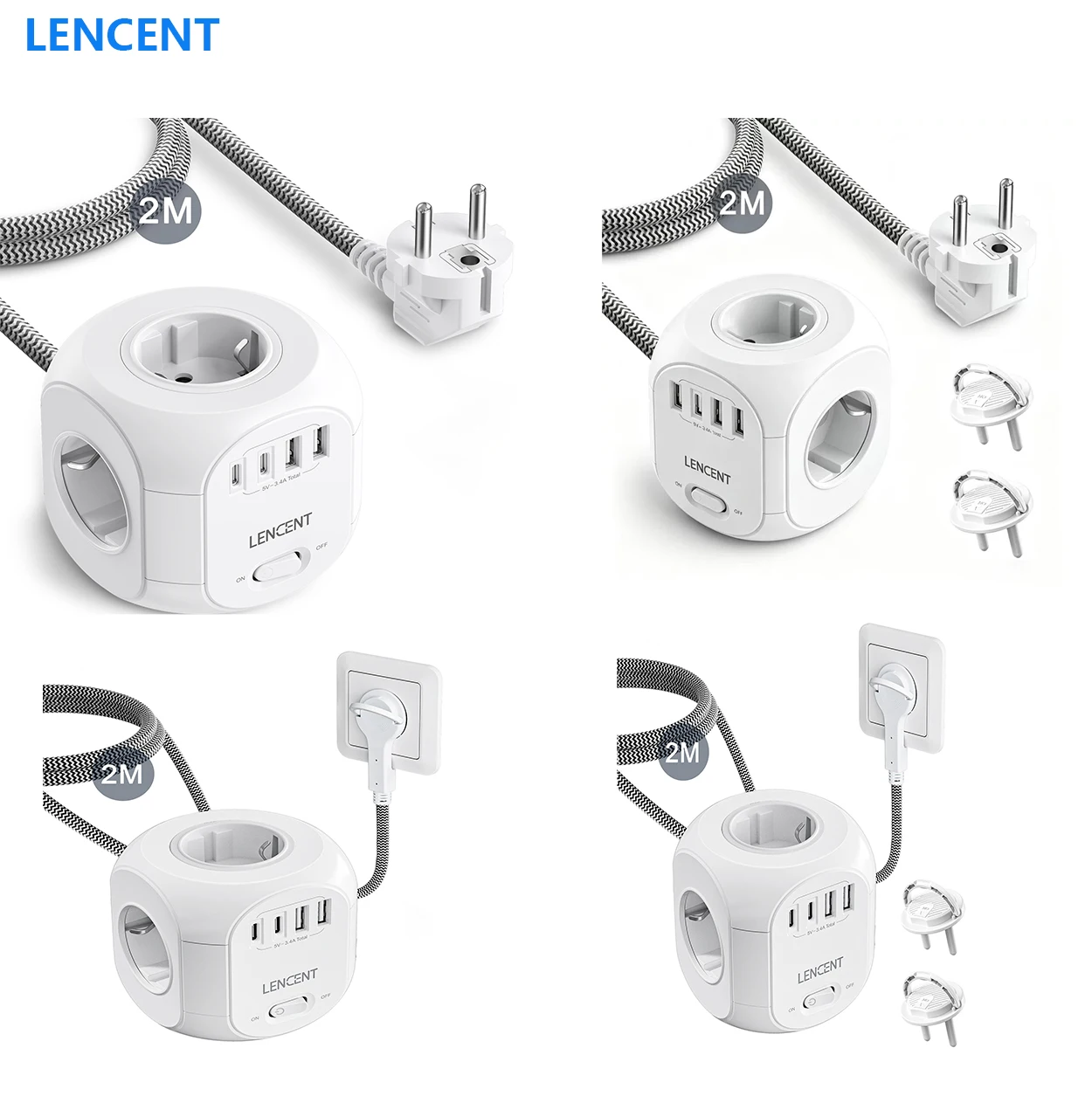 LENCENT EU Plug Power Strip with 2 Covers 4AC Outlets 2USB-A 2USB-C 2M Extension Cord Multi Socket Adapter with Switch for Home